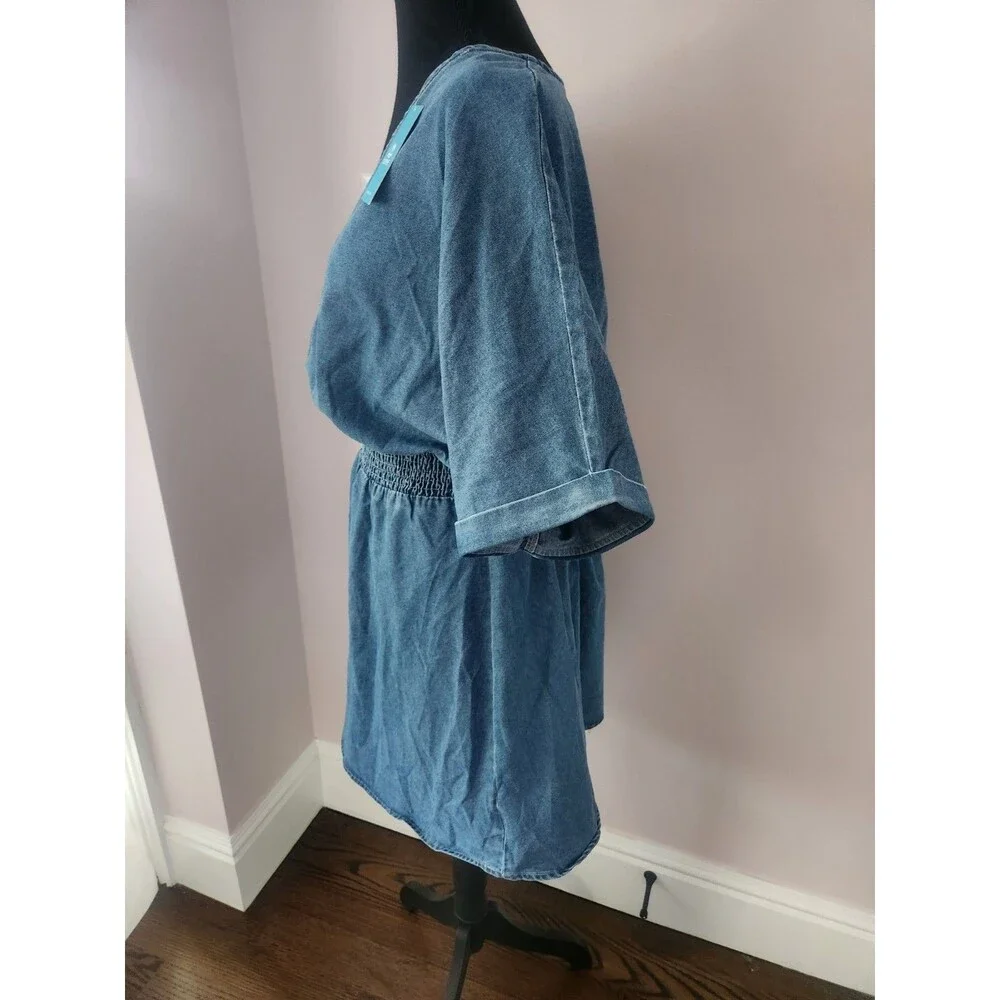 NWT CUPSHE Denim Mini Dress Women’s V Neck Smocked Waist Short Sleeve XL - Picture 9 of 12